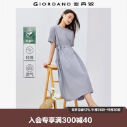 佐丹奴裙子女萊賽爾氣質(zhì)通勤風(fēng)V領(lǐng)抽繩收腰短袖連衣裙05465345