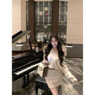 斜肩長(cháng)袖針織連衣裙女包臀裙秋冬款高級感毛衣裙純欲氣質(zhì)露肩裙子 白色（不配腰帶） S  80-95斤