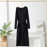 美利奴羊毛連衣裙長(cháng)袖2025秋冬新款女裝歐美風(fēng)純色修身針織羊毛裙 黑色 M
