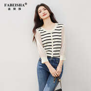 法貝莎品牌法式木耳邊條紋針織衫女2025秋季新款歐根紗拼接長(cháng)袖上衣 黑白條紋 M (100-110斤)
