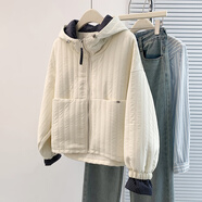 蘑菇同學(xué)秋冬韓版寬松連帽棉服外套女款小個(gè)子格子拼接棉衣拉鏈短外套 米白色 L 建議95-140斤 