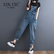 SIN.CYC女裝歐美風(fēng)牛仔背帶褲女寬松春季時(shí)尚韓版高腰顯瘦 藍(lán)色 M 90-115斤