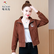 啄木鳥(niǎo)春秋新款寬松立領(lǐng)長(cháng)袖外套女時(shí)尚短款小個(gè)子開(kāi)衫夾克棒球服上衣潮 咖啡色 常規 S 90斤以下