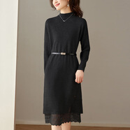 夢(mèng)特嬌（MONTAGUT）下擺蕾絲針織連衣裙冬季配大衣的毛衣裙長(cháng)款過(guò)膝氣質(zhì)感打底裙 黑色 M