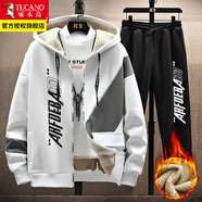 啄木鳥(niǎo)外套男2025春秋冬季新款青少年潮流寬松休閑連帽加絨開(kāi)衫上衣服裝 TZ9832白色上衣+褲子【加絨】 2XL