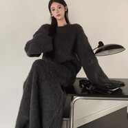 復古港風(fēng)套裝女長(cháng)袖寬松針織毛衣秋季高腰中長(cháng)款魚(yú)尾半身裙兩件套 深灰色 衣長(cháng)76cm裙長(cháng)90cm S  建議80-90