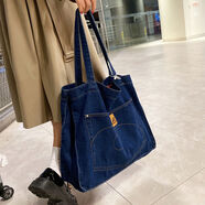 復古大容量深藍牛仔包新款原宿ulzzang單肩帆布包學(xué)生手提托特包 牛仔藍
