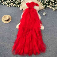 透明薄紗連衣裙性感名媛晚會(huì )禮服女歐美網(wǎng)紗裹胸透視荷葉邊蓬蓬連 紅色 S