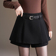 西裝闊腿休閑褲女休閑百搭短褲韓版小眾褶皺設計假兩件A字靴褲 黑色 L 2尺1 28碼