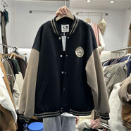 大9美式復古撞色棒球服拼接寬松慵懶夾棉休閑外套秋冬裝新款 黑色9008加棉 均碼 均碼