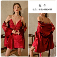 浪莎性感睡衣女士蕾絲吊帶睡裙冰絲仿真絲秋季薄款高級感帶胸墊家居服 130紅色有墊套裝金絲絨秋冬款 M 建議80-105斤