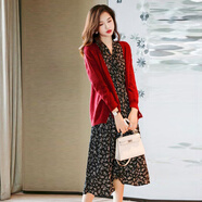 小紅書(shū)爆款歐洲站秋冬2025新款法式赫本風(fēng)長(cháng)袖碎花連衣裙針織開(kāi)衫 酒紅色毛衣+黑色碎花裙 S 均碼
