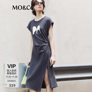 MO&Co.印花小飛袖高腰捏褶不規則開(kāi)叉小眾氣質(zhì)連衣裙女摩安珂 鋼灰色-第2批 M 165