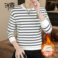 洋客高端條紋男士長(cháng)袖t恤圓領(lǐng)修身休閑秋季新款帥氣百搭潮流打底衫 白色 加絨款 3XL  適合165-180斤