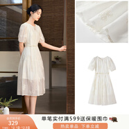 香影白色天絲連衣裙女2025夏季新款圓領(lǐng)燈籠袖抽繩國風(fēng)收腰仙女裙 米白 S 155/80A/85-95斤