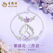 老鳳祥紫藤花開(kāi)情侶對戒999足銀男女款輕奢戒指紀念日禮物送女朋友老婆 A款-紫藤花【項鏈+手鏈+對戒】生日禮盒