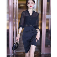 網(wǎng)紅洋派時(shí)尚套裝裙女2025夏季新款V領(lǐng)微透雪紡衫高腰顯瘦半身裙 黑色上衣半身裙套裝 L L建議90-105斤