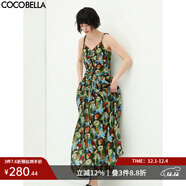 COCOBELLA油畫(huà)風(fēng)印花抽褶吊帶連衣裙飄逸氣質(zhì)沙灘長(cháng)裙FR565 油畫(huà)花 M