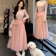 彈簧人（TANHUANGREN）法式溫柔風(fēng)蕾絲拼接方領(lǐng)網(wǎng)紗連衣裙女秋冬收腰氣質(zhì)蓬蓬仙女長(cháng)裙子 粉色 S