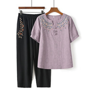 俞兆林中老年女裝春秋款奶奶短袖t恤套裝民族風(fēng)媽媽夏裝母親節禮物 紫色套裝 均碼 3XL建議120-130斤