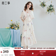 兩三事云紗倩影 2025夏季新款公主風(fēng)燈籠袖織帶拼接印花連衣裙 花色 M