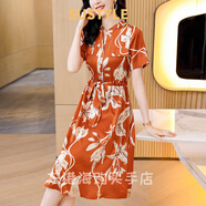 SUSTYLE奢侈高檔品牌女裝2025春夏新款洋氣印花收腰顯瘦裙子連衣裙女高級 橘色 2XL