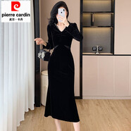 皮爾卡丹（pierre cardin）黑色感長(cháng)袖金絲絨連衣裙女秋冬氣質(zhì)名媛鏤空設計感魚(yú)尾禮服裙 黑 S