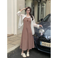 小紅書(shū)爆款2025早秋新款大碼女裝胖MM條紋背心連衣裙兩件套 咖色條紋 L