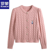 羅蒙（ROMON）韓版圓領(lǐng)麻花泡泡袖針織開(kāi)衫女秋季新款刺繡小熊長(cháng)袖毛衣短款外套 粉紅色小熊 L (125斤內)