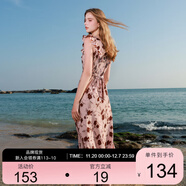 三彩2025夏季新款U領(lǐng)浪漫碎花雪紡裙印花大擺連衣裙長(cháng)裙M