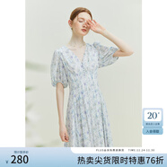 范思藍恩23FS12521茶歇法式雪紡碎花連衣裙女夏V領(lǐng)海邊度假長(cháng)裙子 白底紫花 M