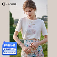 Olrain歐芮兒白色短袖T恤女夏季寬松透氣顯瘦套頭印花上衣 白色O22XT01903 M