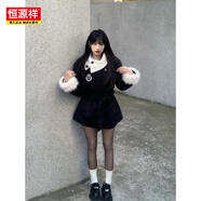 恒源祥學(xué)院風(fēng)加厚夾棉毛呢外套+短褲女冬季淑女設計感毛毛袖呢子兩件套 兩件套 （毛呢外套+短褲） S