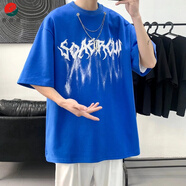 爵思朗帶項(xiàng)鏈的短袖T恤男夏季體恤中性風(fēng)克萊因藍(lán)小領(lǐng)口上衣2025 藍(lán)色 XL