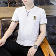 費洛仕男士冰絲短袖T恤潮流休閑百搭透氣提花打底半袖體恤潮牌男裝上衣 DX861-B字白色 M (110斤以下)