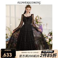 flowerscoming花兒開(kāi)了2025春季新款黑色長(cháng)款連衣裙女修身顯瘦網(wǎng)紗燙鉆方領(lǐng)裙子 黑色 XL