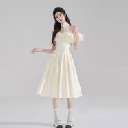 一字肩荷葉邊白色連衣裙女夏季感收腰露肩a字裙甜美公主裙子 杏色長(cháng)版 S S