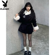 花花公子（PLAYBOY）學(xué)院風(fēng)加厚夾棉毛呢外套+短褲女冬季淑女設計感毛毛袖呢子兩件套 毛呢外套+短褲 S