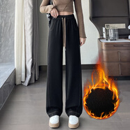 韓依索絲高腰直筒褲女窄版闊腿牛仔褲加絨加厚顯瘦褲子冬季女裝寬松休閑褲 黑色 長(cháng)褲加絨 S