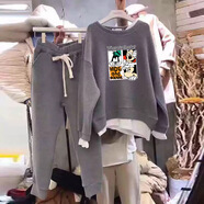 韓國秋冬季衛衣女假兩件寬松大碼加絨加厚長(cháng)褲黑色運動(dòng)套裝 灰色 M