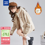 唐獅（TonLion）2025針織外套女休閑衛衣開(kāi)衫連帽上衣 加絨款/淺卡其 XL