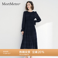 MeetMetro瑪依爾法式浪漫淑女連衣裙女2025秋新款優(yōu)雅氣質(zhì)A字長(cháng)裙 藏藍色【現貨】 M