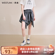 西遇格紋半身裙女2025年夏季新款不規則下擺綁帶設計感高腰短裙 藍色 S （26）