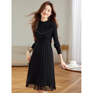 AEMAPE蕾絲拼接釘珠針織連衣裙女秋冬2025新款小個(gè)子修身顯瘦打底毛衣裙 黑色 L 101-115斤