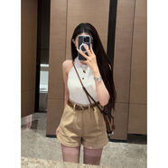 李李服飾簡(jiǎn)約純色休閑牛仔短褲女24冬季新款高腰寬松百搭闊腿短褲 卡其色送腰帶 XS XS70-89斤