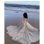 超仙海邊度假洋裝露背長(cháng)裙氛圍拍照女神穿搭性感仙氣套裝裙 豆沙綠露背款(高品質(zhì)，帶胸墊) S
