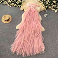 透明薄紗連衣裙性感名媛晚會(huì )禮服女歐美網(wǎng)紗裹胸透視荷葉邊蓬蓬連 淺粉 M