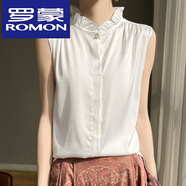 羅蒙（ROMON）絲綢真絲春夏季女裝新款緞面木耳邊圓領(lǐng)暗扣無(wú)袖襯衫純色上衣T恤 白色 2XL
