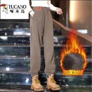 啄木鳥(niǎo)燈芯絨加絨加厚秋冬季高腰保暖休閑束腳運動(dòng)哈倫子長(cháng)褲女裝 BAR束腳褲-燕麥色【+絨+厚】薄 輕薄 M 建議【95-110斤】