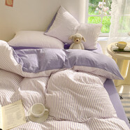 耐淘2025新款親膚水洗棉良品條紋床上用品四件套純色學(xué)生宿舍三件 良品條紋紫 床笠款 1.8m四件套